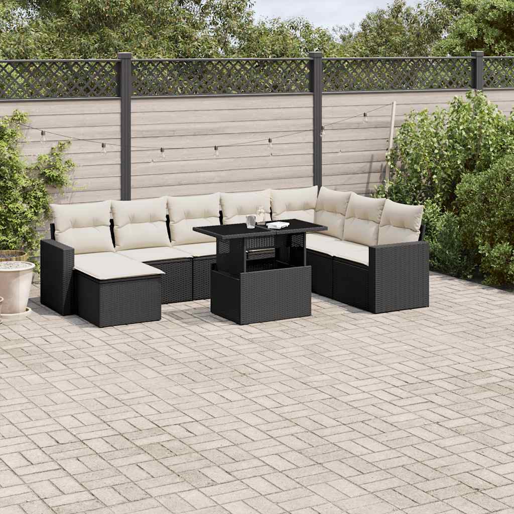 9 Piece Garden Sofa Set with Cushions Black Poly Rattan