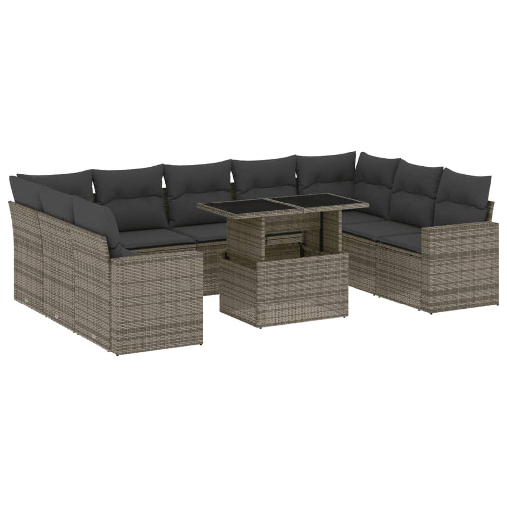 10 Piece Garden Sofa Set with Cushions Grey Poly Rattan