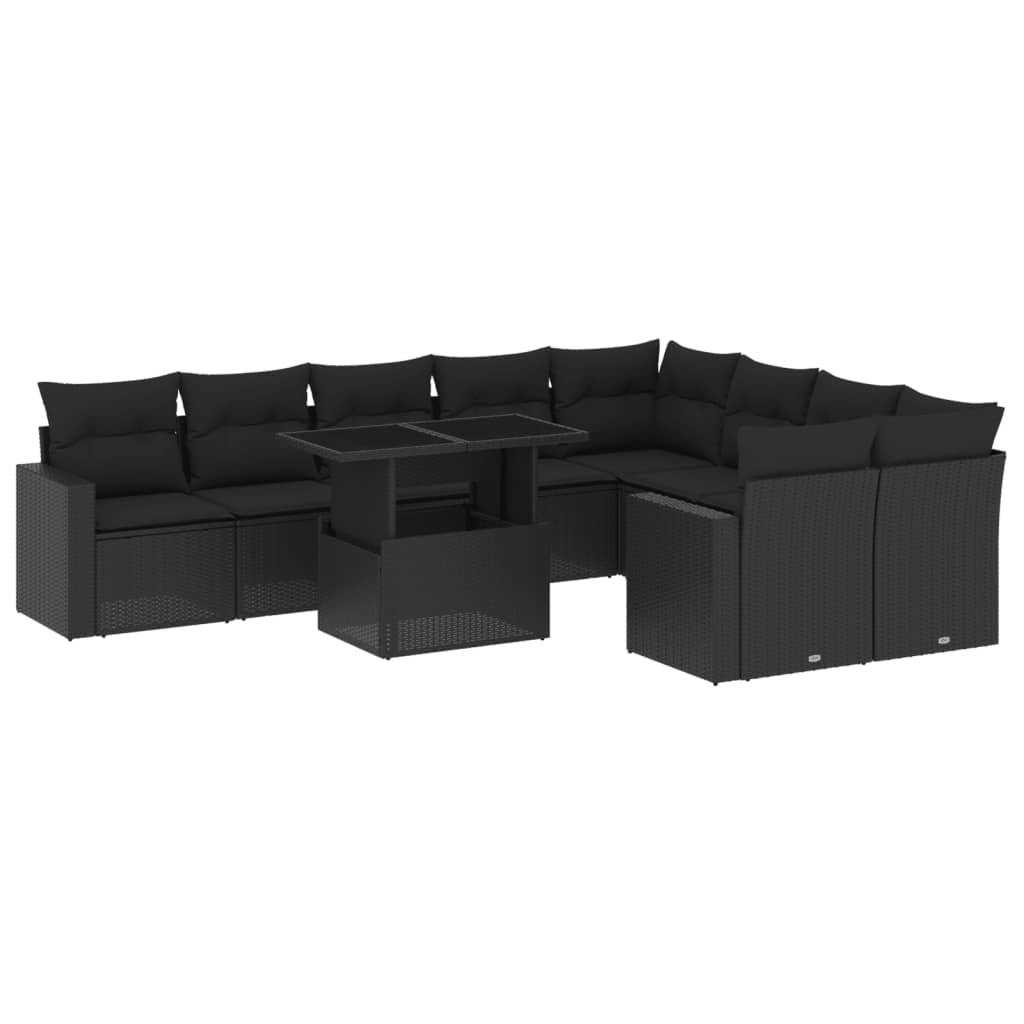 10 Piece Garden Sofa Set with Cushions Black Poly Rattan