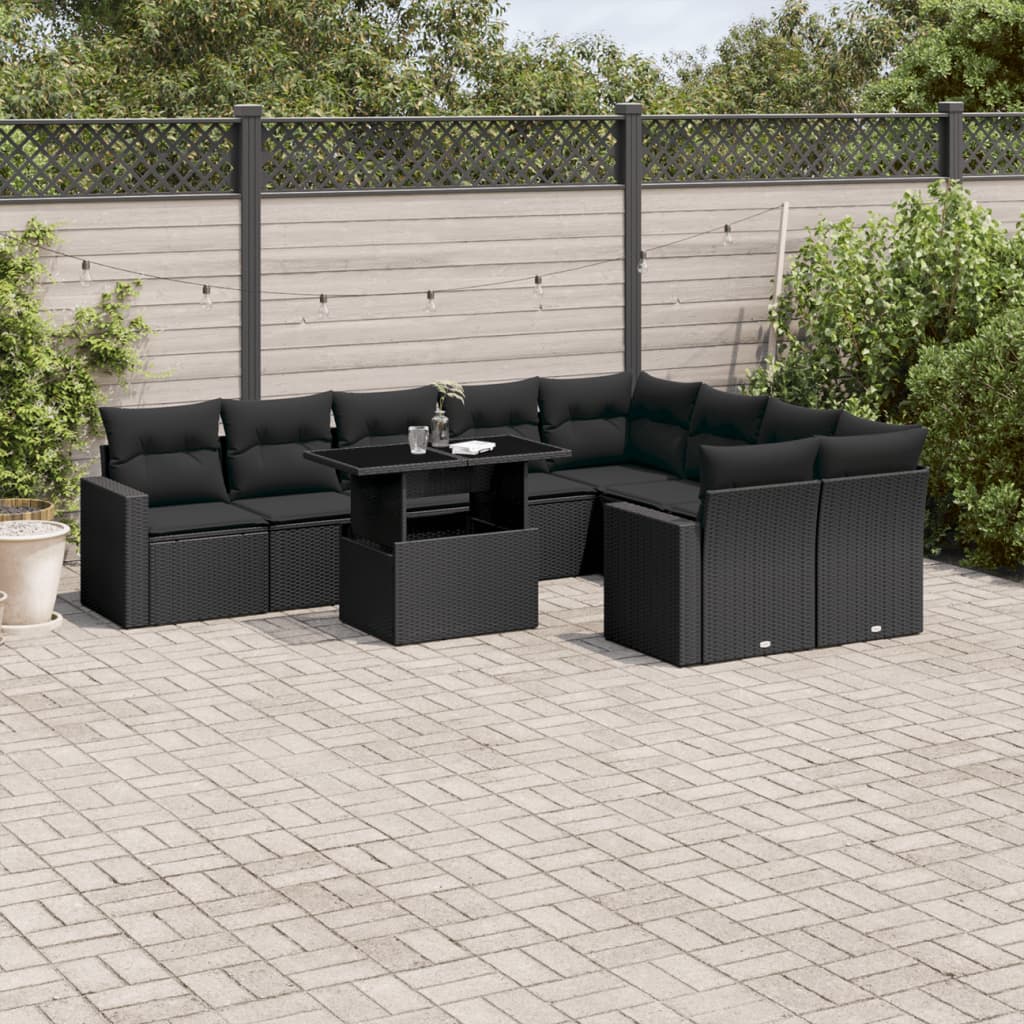 10 Piece Garden Sofa Set with Cushions Black Poly Rattan