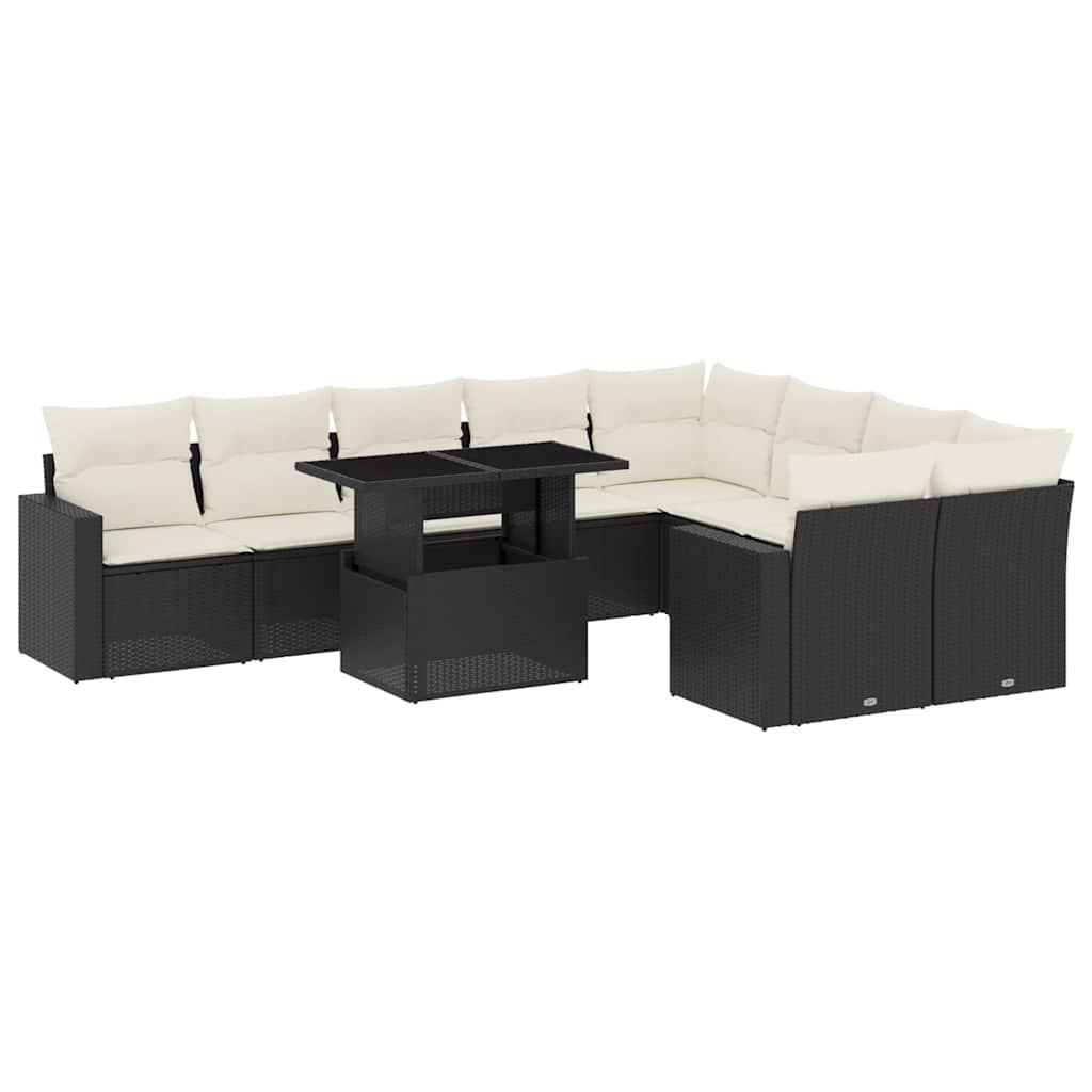 10 Piece Garden Sofa Set with Cushions Black Poly Rattan