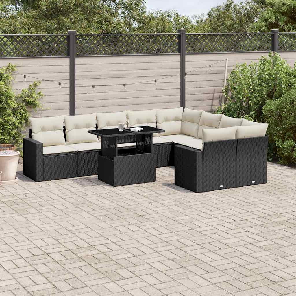 10 Piece Garden Sofa Set with Cushions Black Poly Rattan