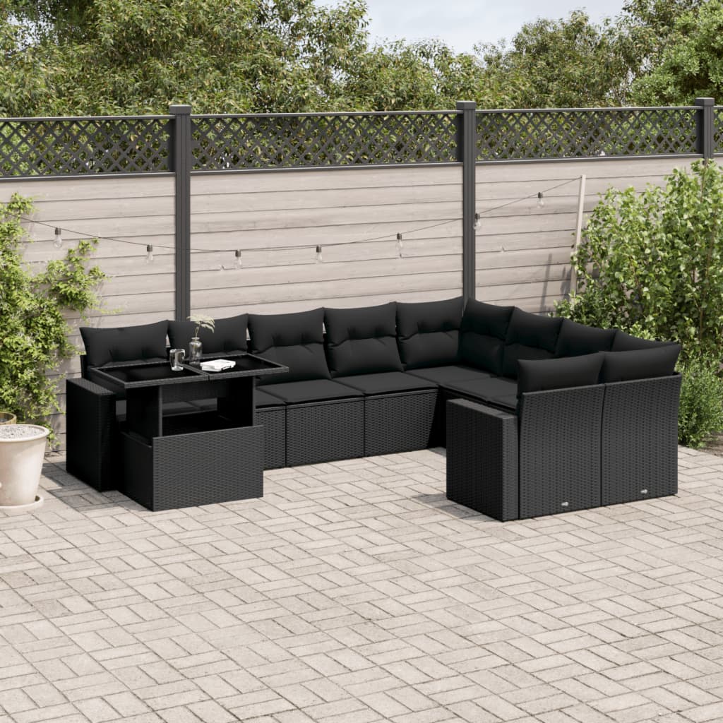 10 Piece Garden Sofa Set with Cushions Black Poly Rattan