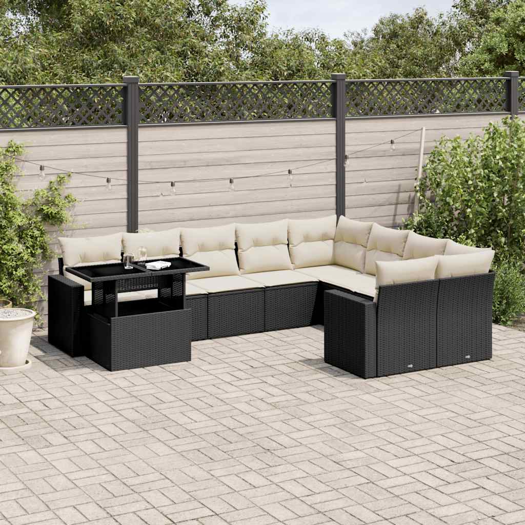 10 Piece Garden Sofa Set with Cushions Black Poly Rattan