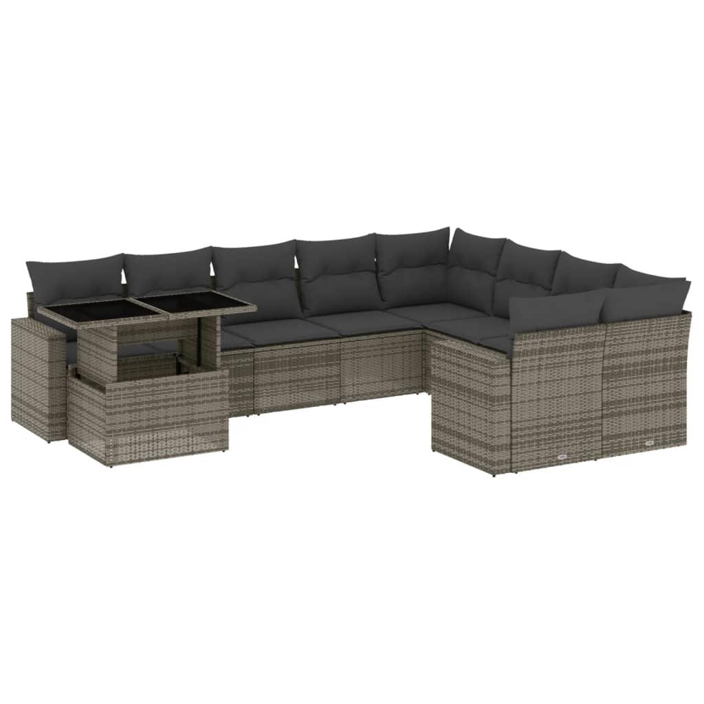 10 Piece Garden Sofa Set with Cushions Grey Poly Rattan