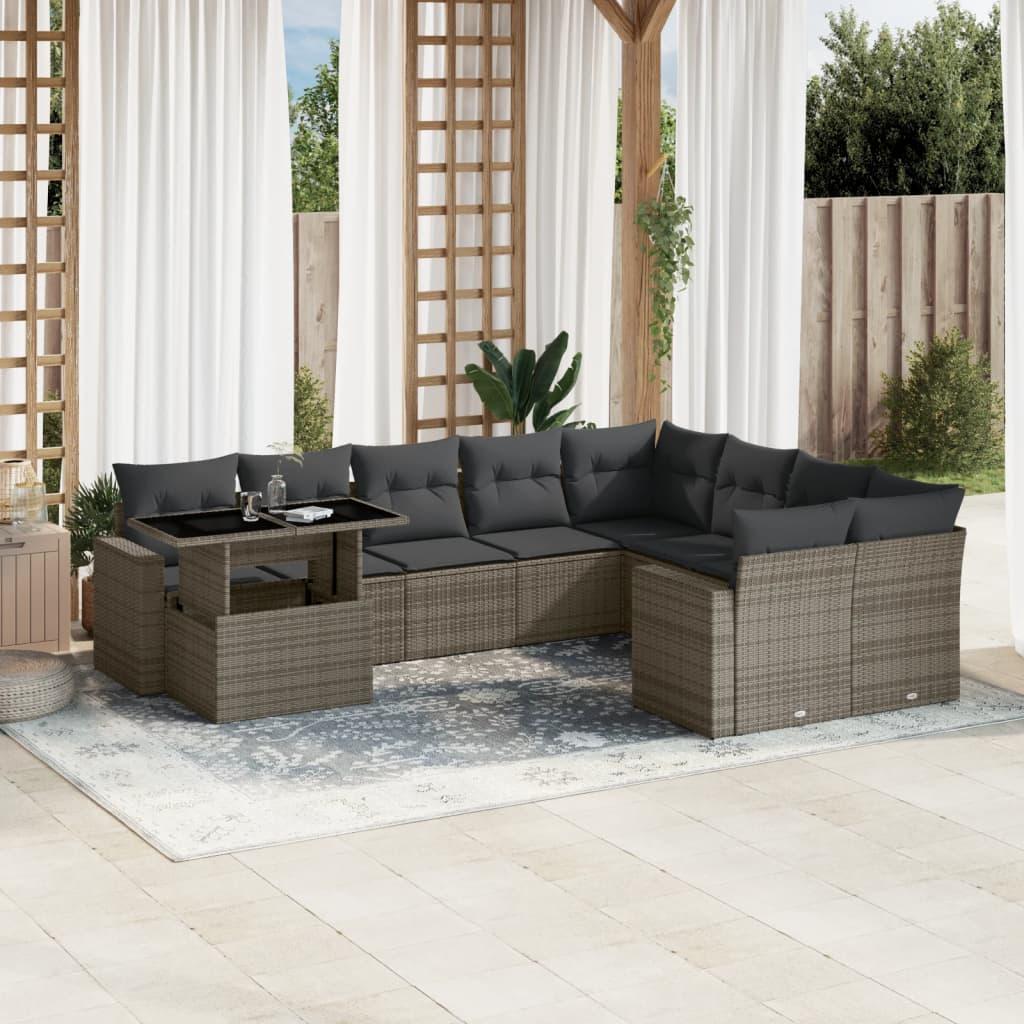 10 Piece Garden Sofa Set with Cushions Grey Poly Rattan