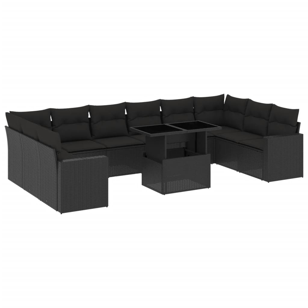 11 Piece Garden Sofa Set with Cushions Black Poly Rattan