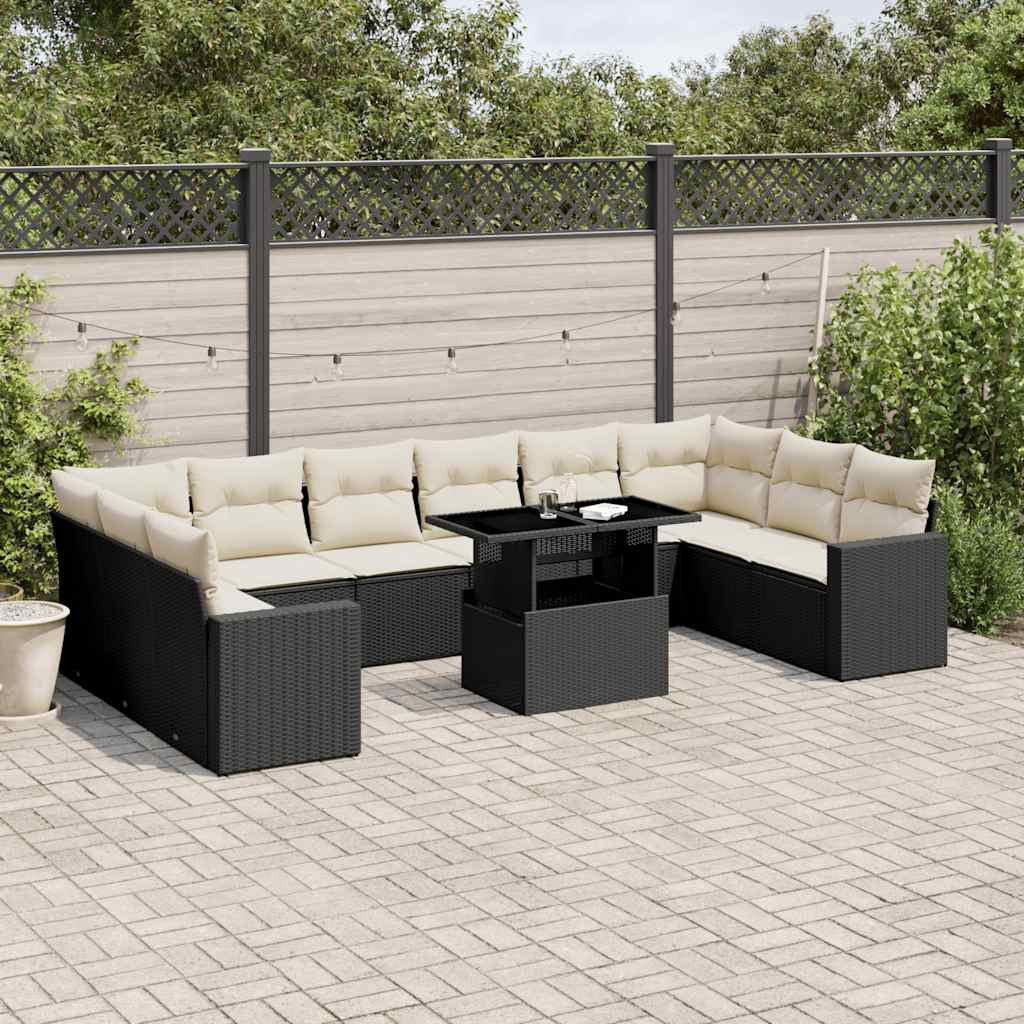 11 Piece Garden Sofa Set with Cushions Black Poly Rattan