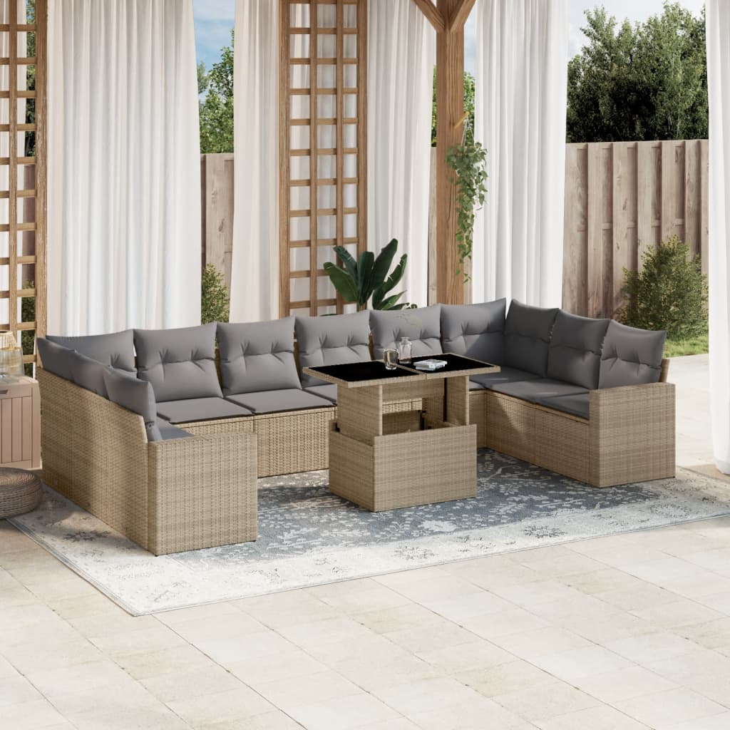 11 Piece Garden Sofa Set with Cushions Beige Poly Rattan