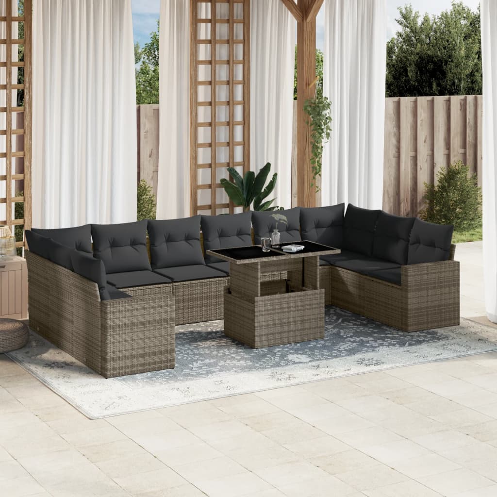 11 Piece Garden Sofa Set with Cushions Grey Poly Rattan