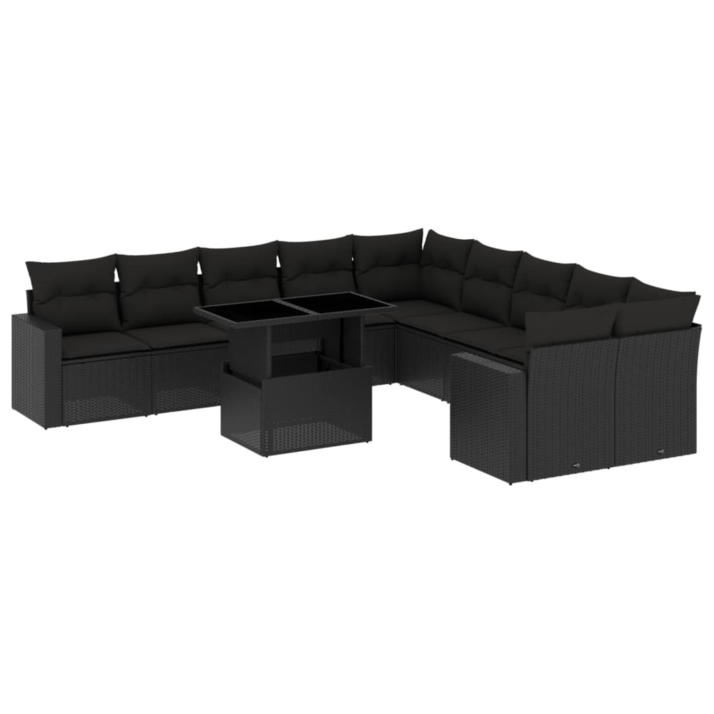 11 Piece Garden Sofa Set with Cushions Black Poly Rattan