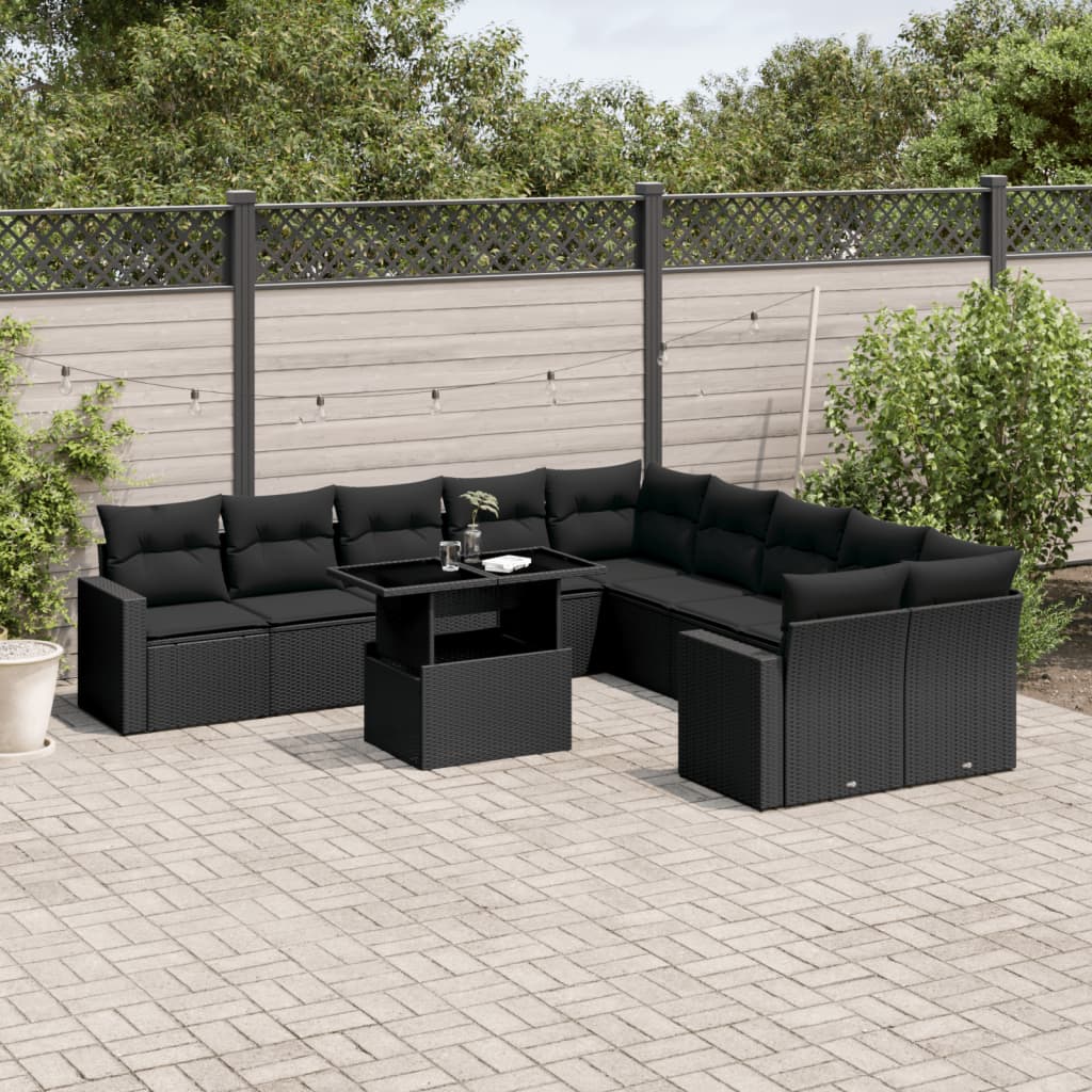 11 Piece Garden Sofa Set with Cushions Black Poly Rattan