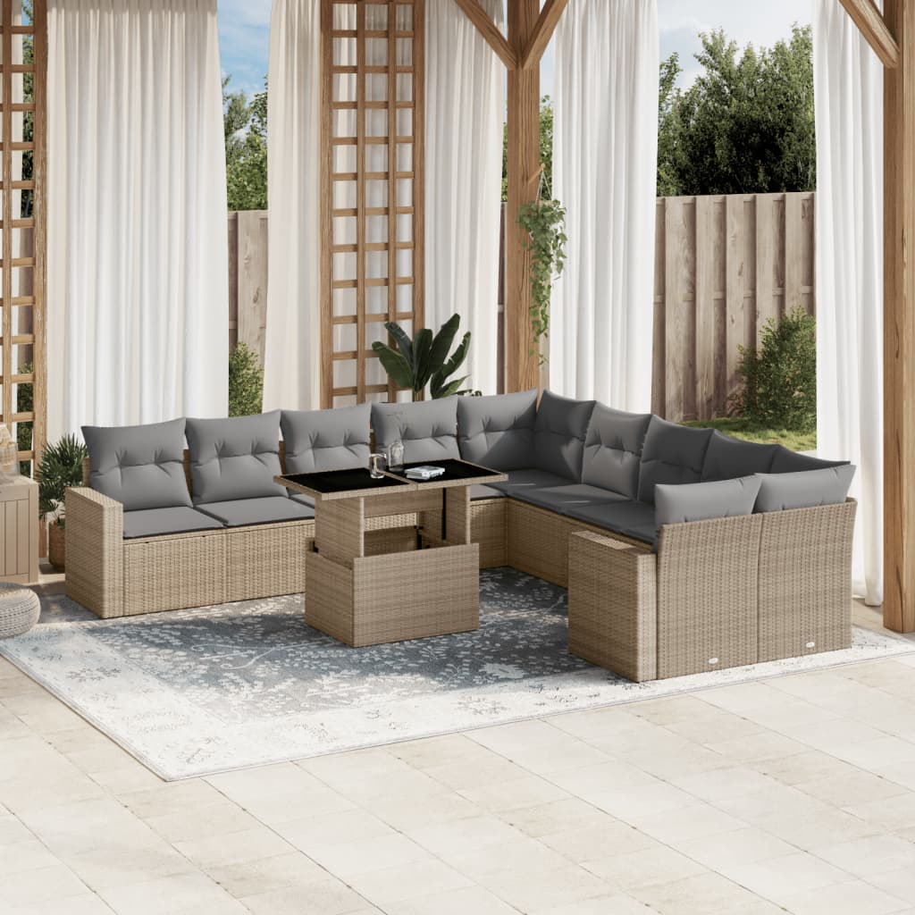 11 Piece Garden Sofa Set with Cushions Beige Poly Rattan