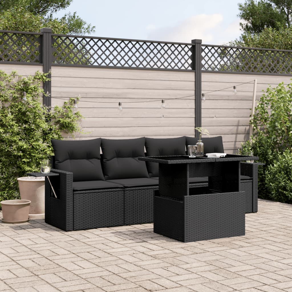 5 Piece Garden Sofa Set with Cushions Black Poly Rattan