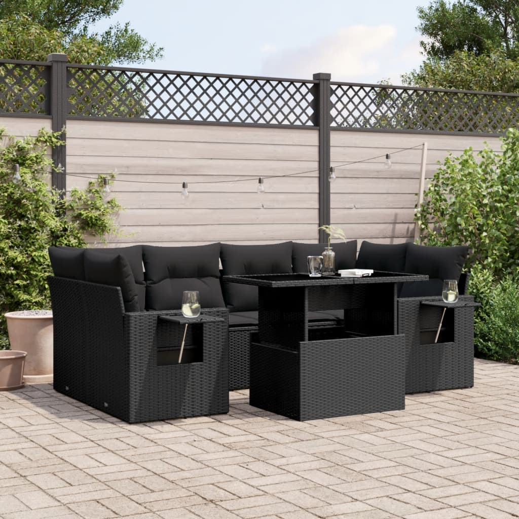 7 Piece Garden Sofa Set with Cushions Black Poly Rattan