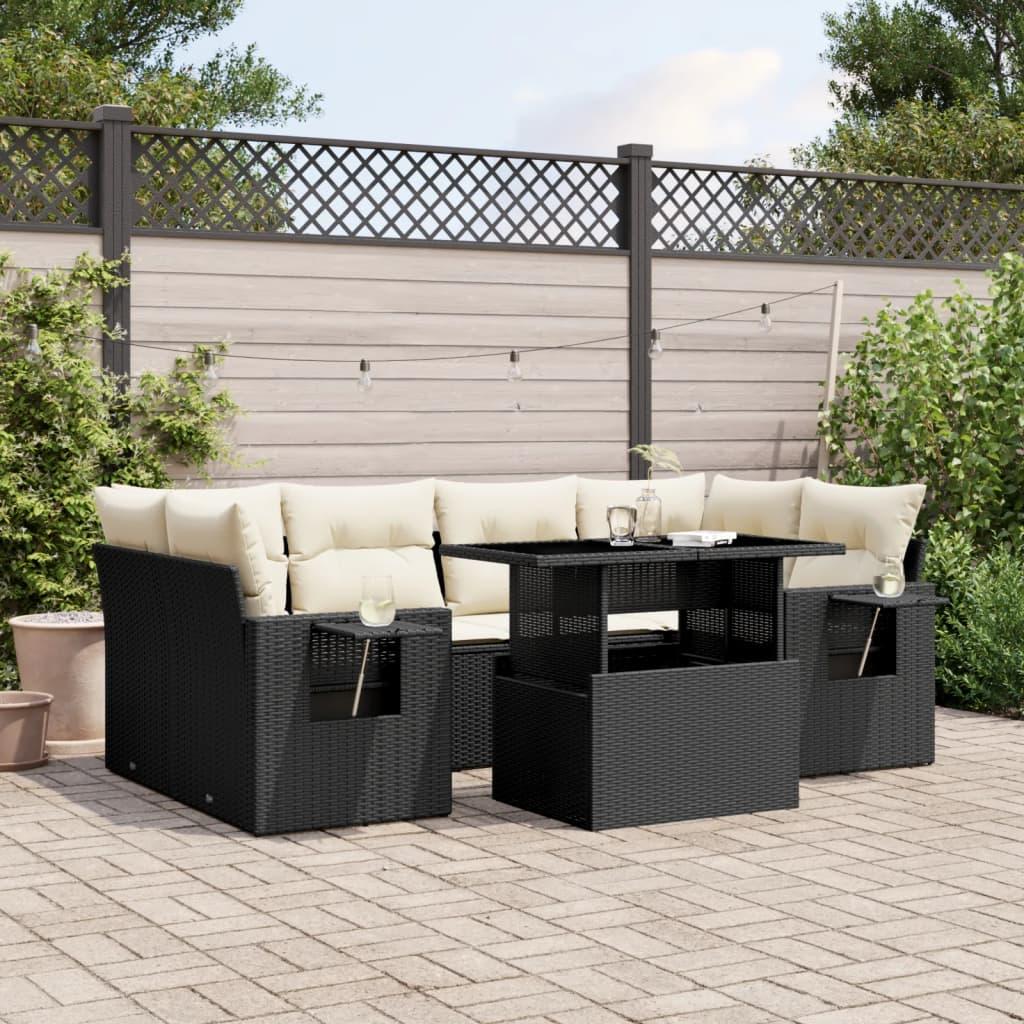 7 Piece Garden Sofa Set with Cushions Black Poly Rattan