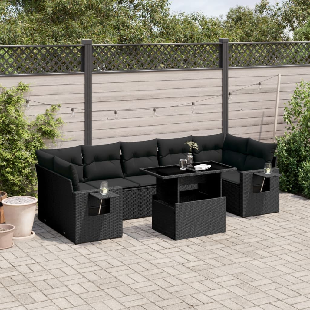 8 Piece Garden Sofa Set with Cushions Black Poly Rattan