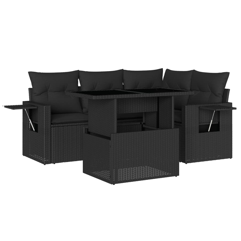 5 Piece Garden Sofa Set with Cushions Black Poly Rattan