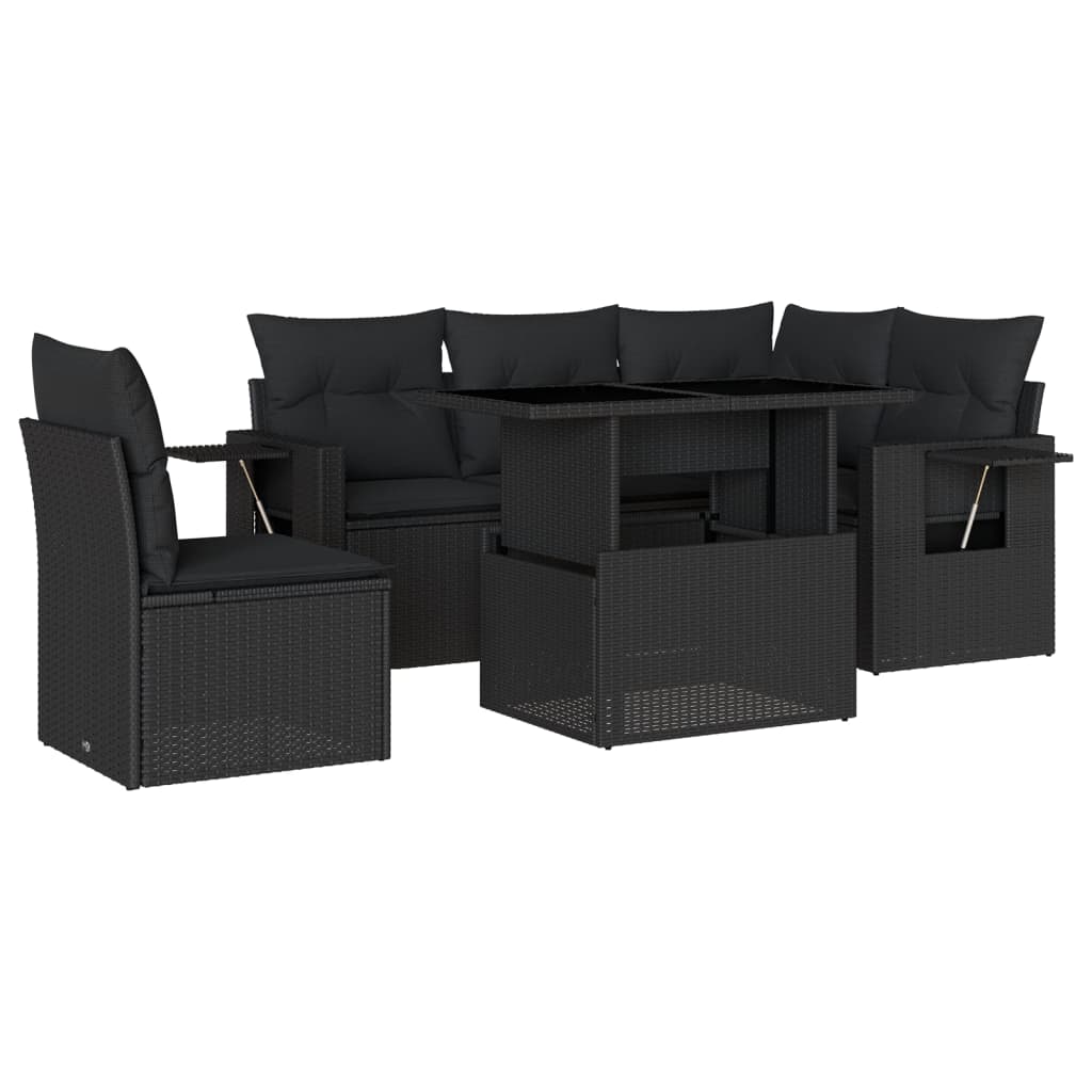 6 Piece Garden Sofa Set with Cushions Black Poly Rattan