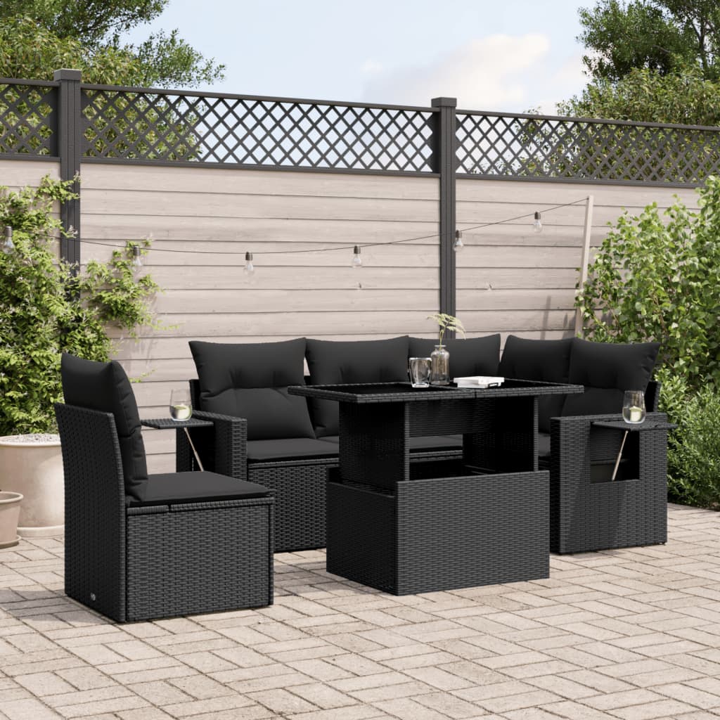 6 Piece Garden Sofa Set with Cushions Black Poly Rattan