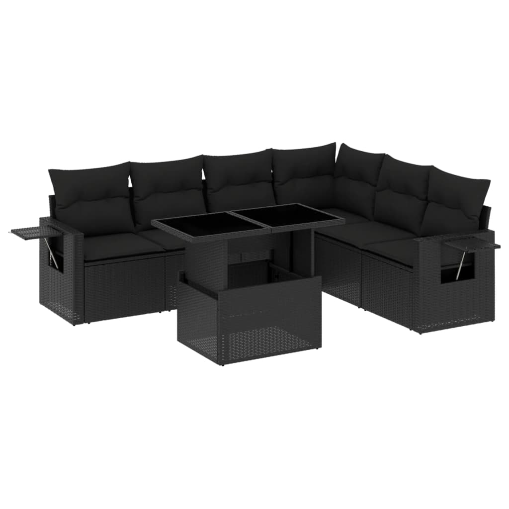 7 Piece Garden Sofa Set with Cushions Black Poly Rattan