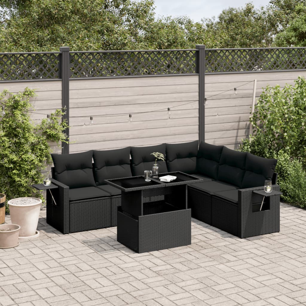 7 Piece Garden Sofa Set with Cushions Black Poly Rattan