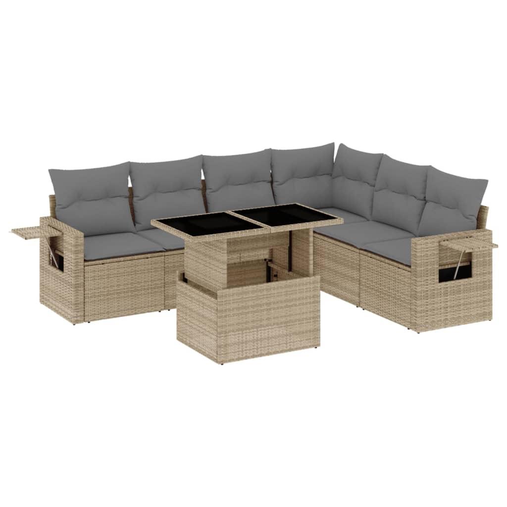 7 Piece Garden Sofa Set with Cushions Beige Poly Rattan