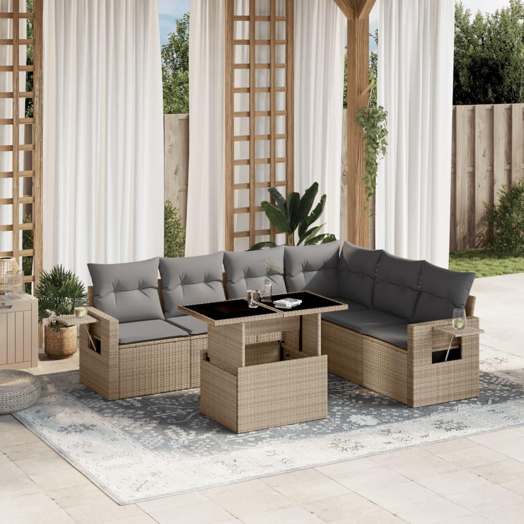 7 Piece Garden Sofa Set with Cushions Beige Poly Rattan