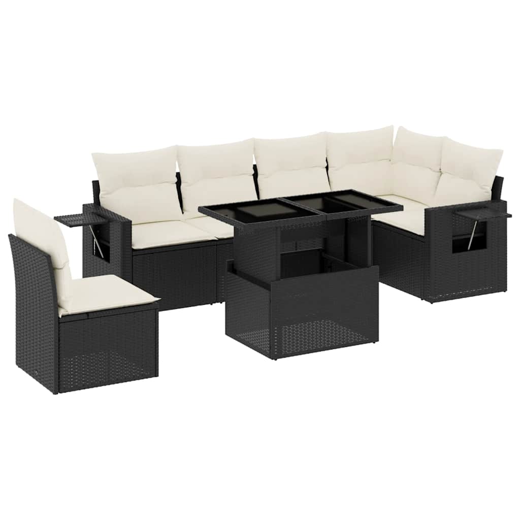 7 Piece Garden Sofa Set with Cushions Black Poly Rattan
