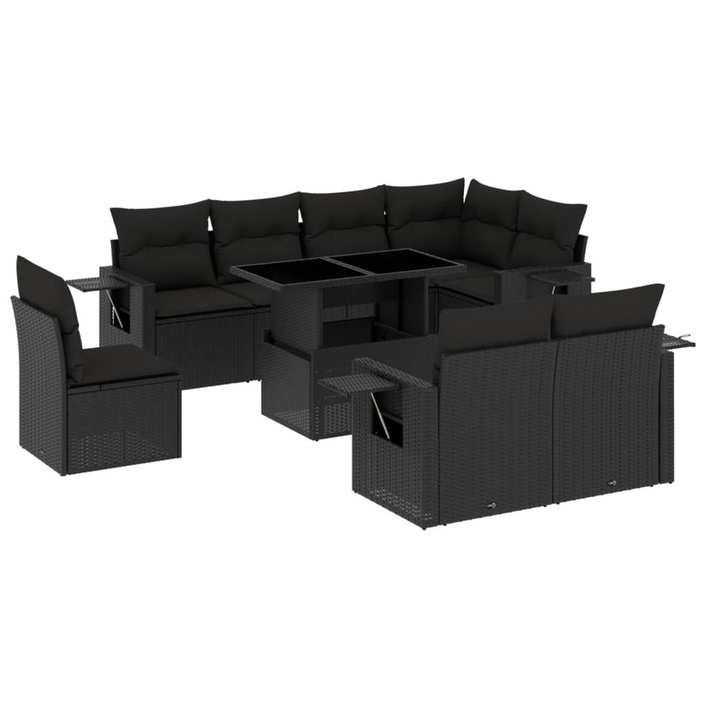 9 Piece Garden Sofa Set with Cushions Black Poly Rattan