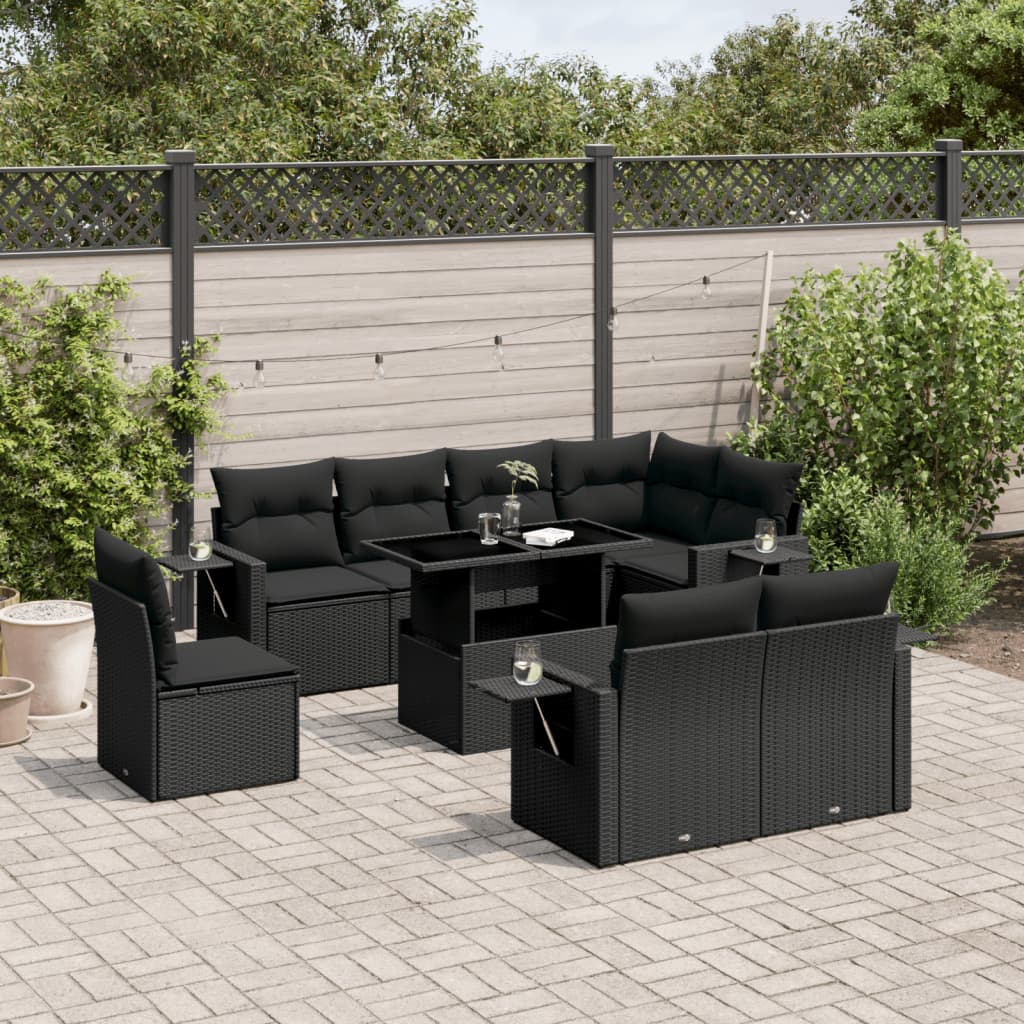 9 Piece Garden Sofa Set with Cushions Black Poly Rattan