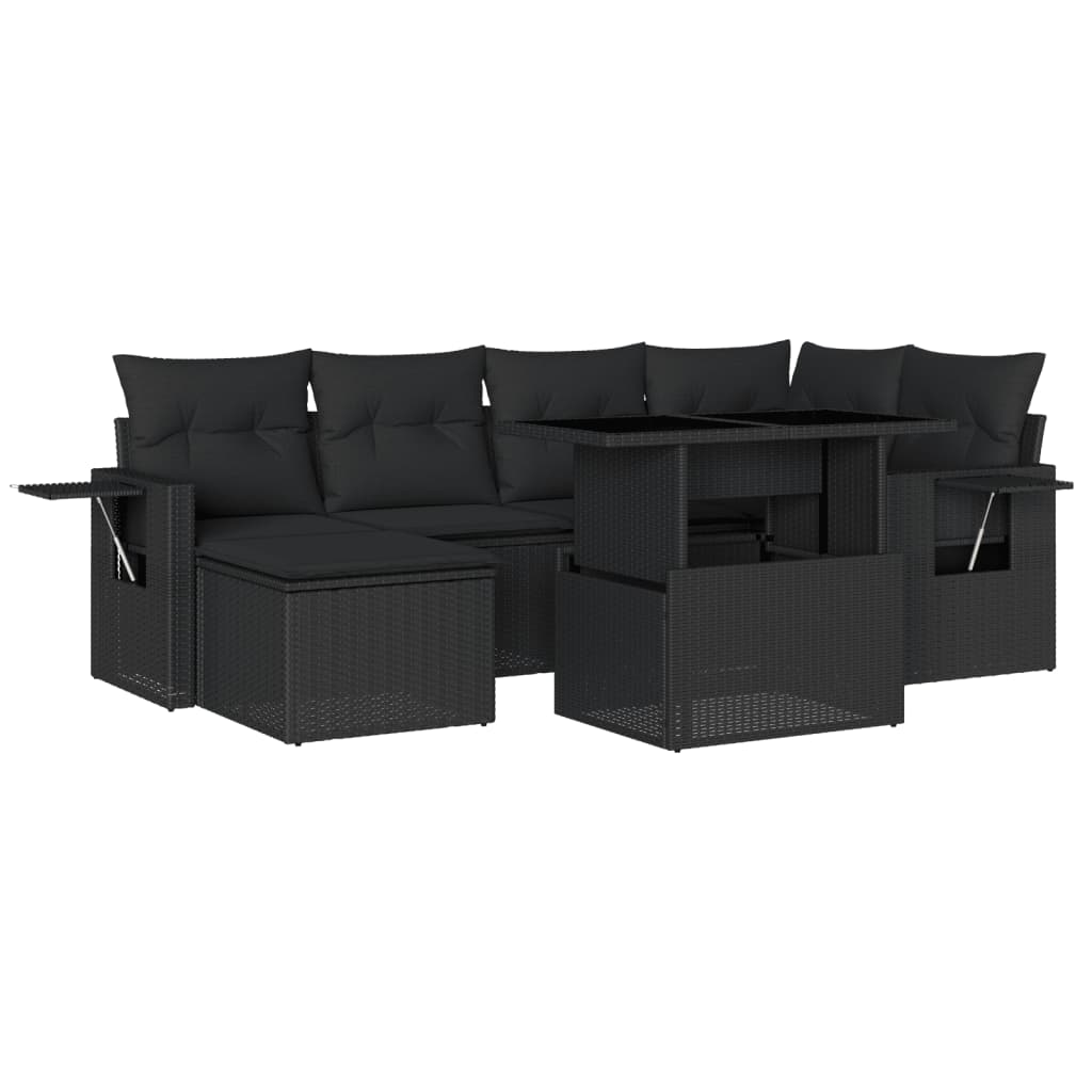 7 Piece Garden Sofa Set with Cushions Black Poly Rattan