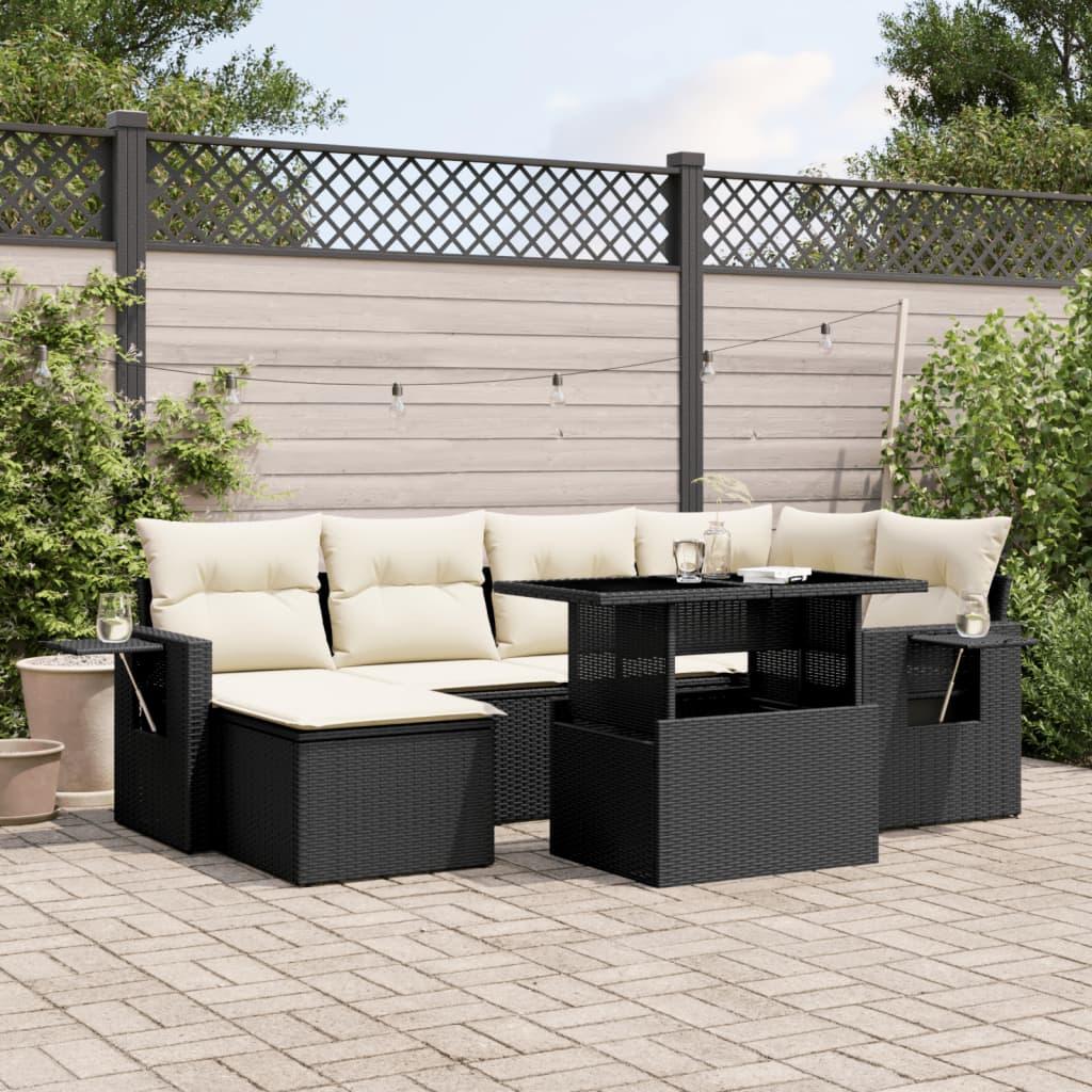 7 Piece Garden Sofa Set with Cushions Black Poly Rattan