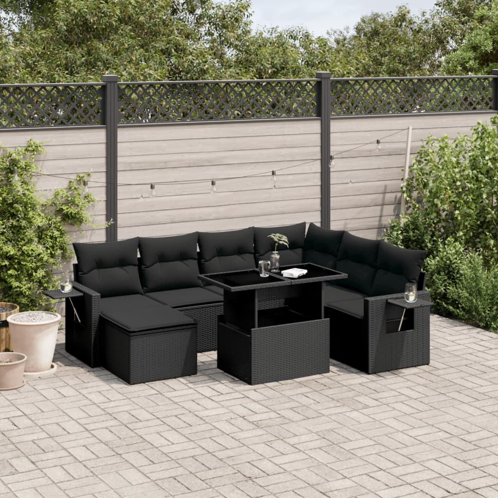 9 Piece Garden Sofa Set with Cushions Black Poly Rattan