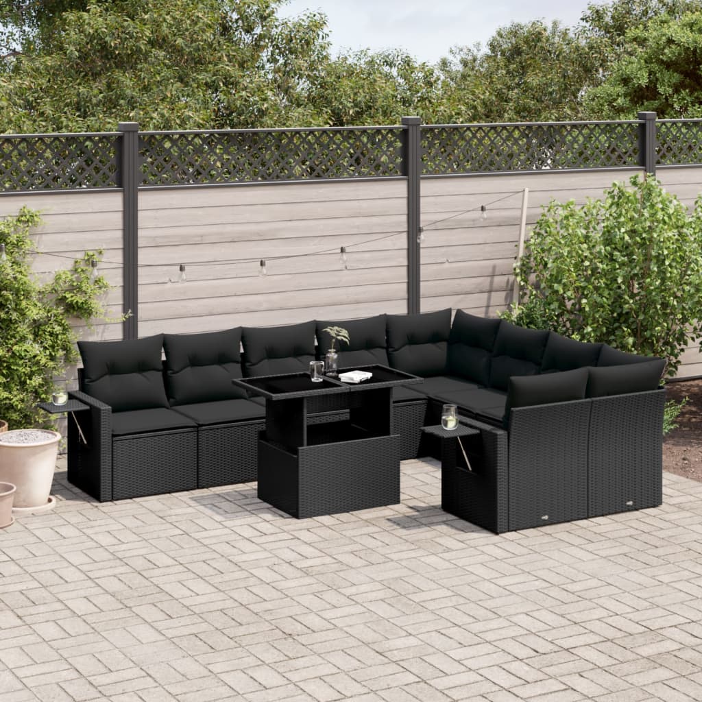 10 Piece Garden Sofa Set with Cushions Black Poly Rattan