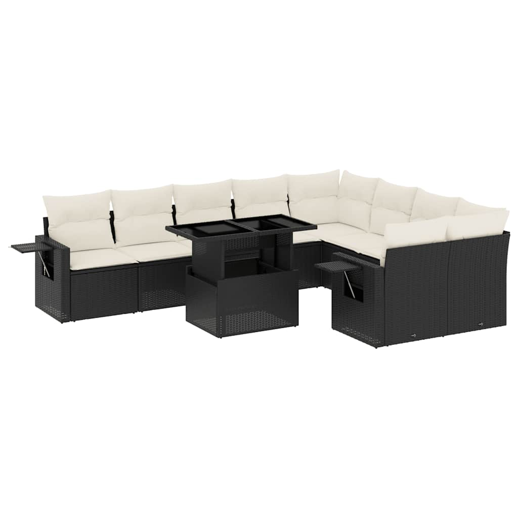 10 Piece Garden Sofa Set with Cushions Black Poly Rattan