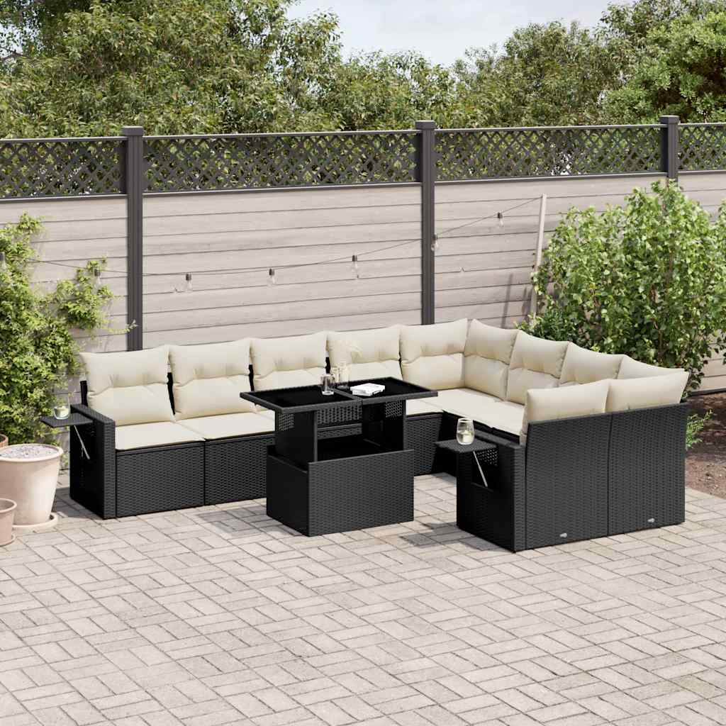 10 Piece Garden Sofa Set with Cushions Black Poly Rattan