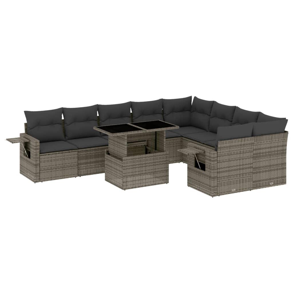 10 Piece Garden Sofa Set with Cushions Grey Poly Rattan