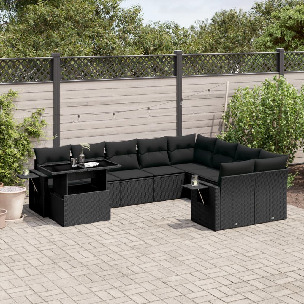 10 Piece Garden Sofa Set with Cushions Black Poly Rattan