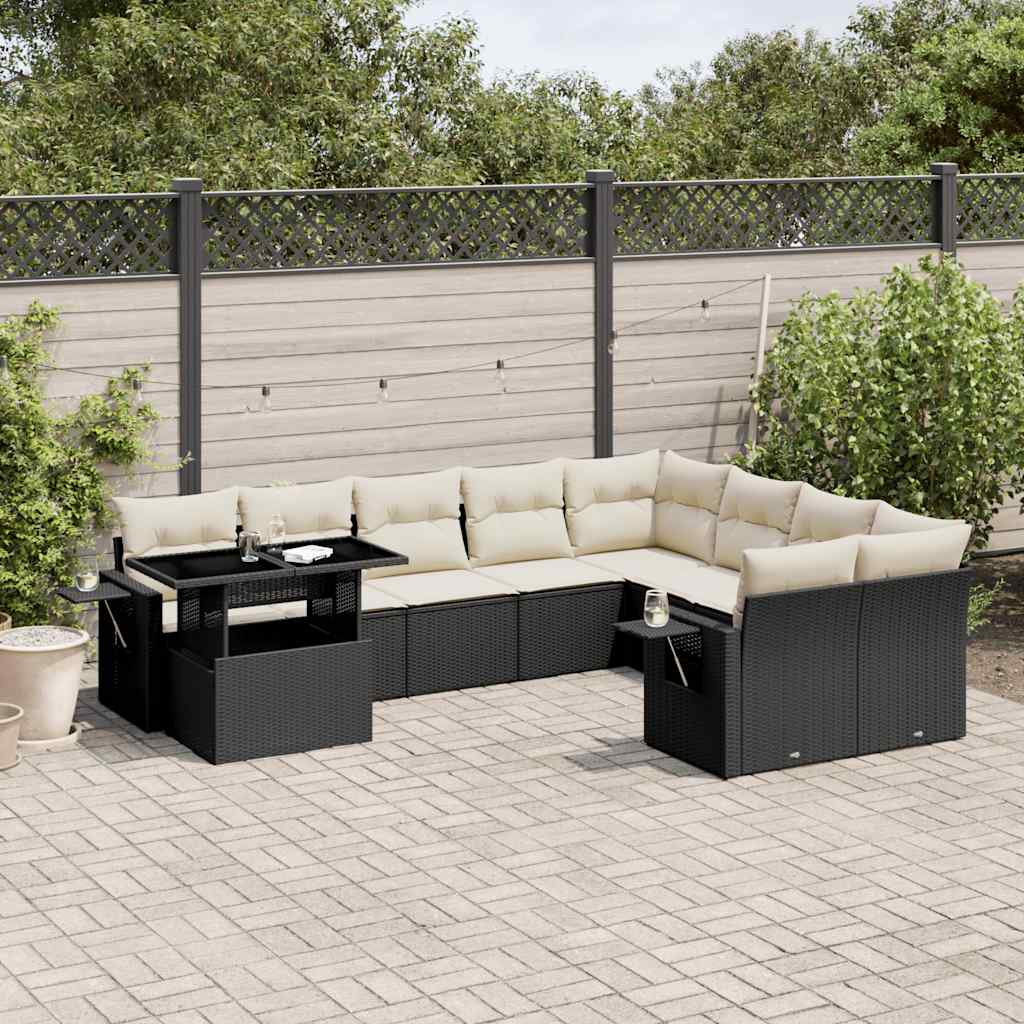 10 Piece Garden Sofa Set with Cushions Black Poly Rattan