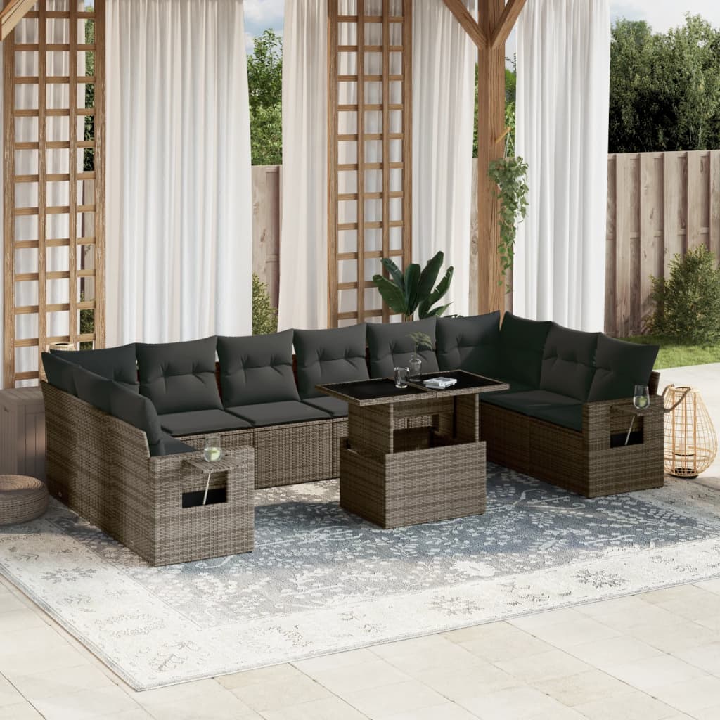 11 Piece Garden Sofa Set with Cushions Grey Poly Rattan