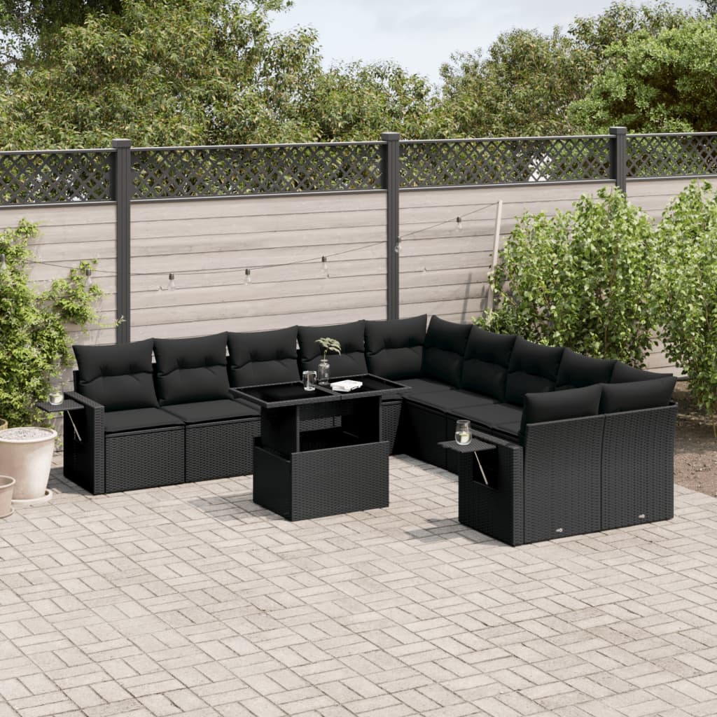 11 Piece Garden Sofa Set with Cushions Black Poly Rattan