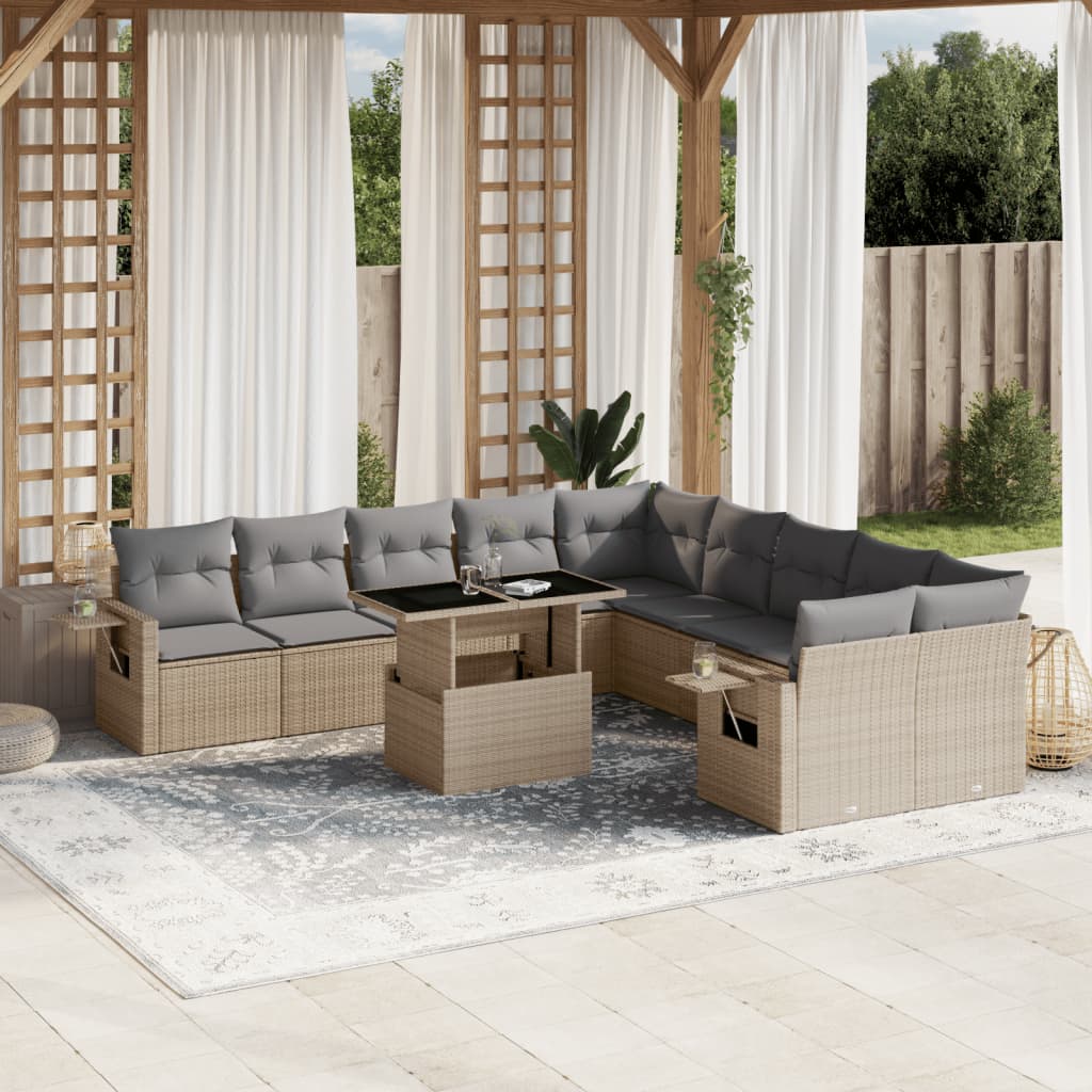 11 Piece Garden Sofa Set with Cushions Beige Poly Rattan