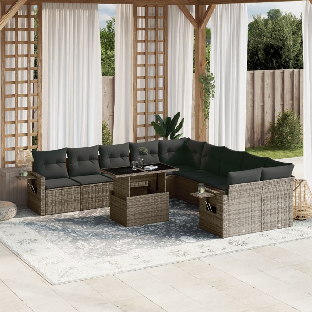 11 Piece Garden Sofa Set with Cushions Grey Poly Rattan