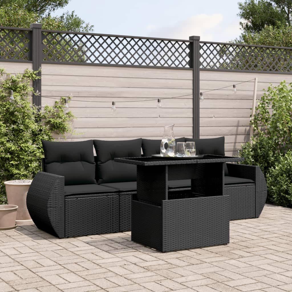 5 Piece Garden Sofa Set with Cushions Black Poly Rattan