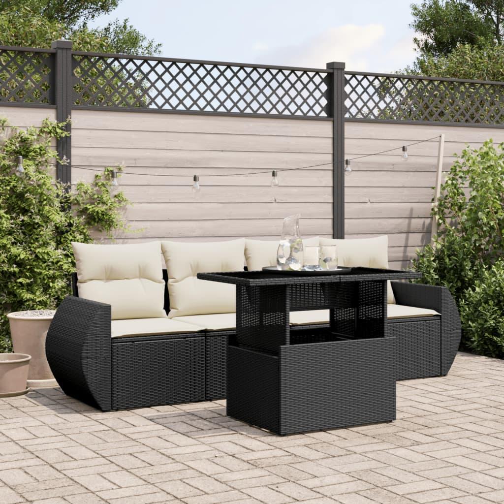 5 Piece Garden Sofa Set with Cushions Black Poly Rattan