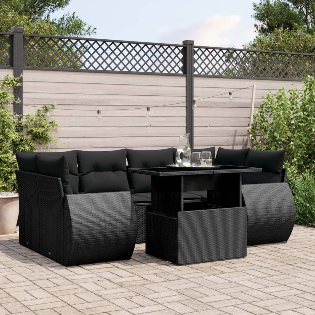 7 Piece Garden Sofa Set with Cushions Black Poly Rattan