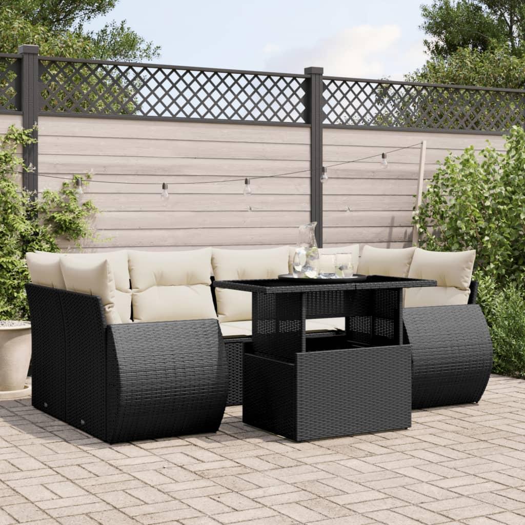 7 Piece Garden Sofa Set with Cushions Black Poly Rattan