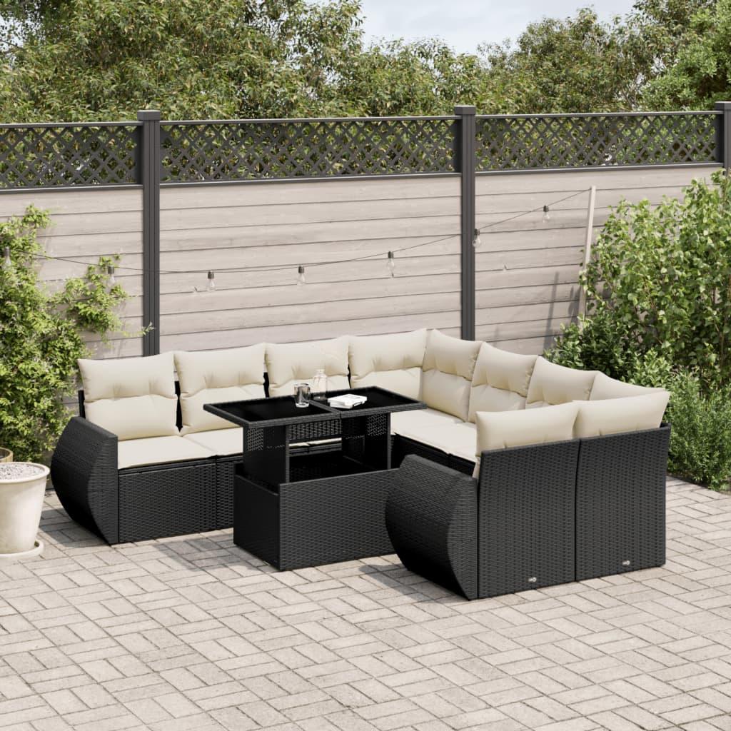 9 Piece Garden Sofa Set with Cushions Black Poly Rattan