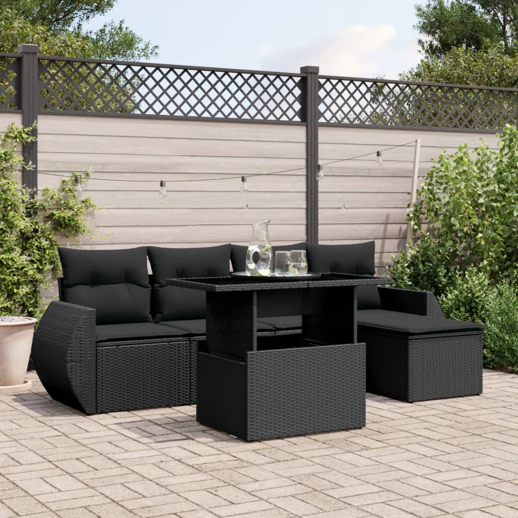 6 Piece Garden Sofa Set with Cushions Black Poly Rattan